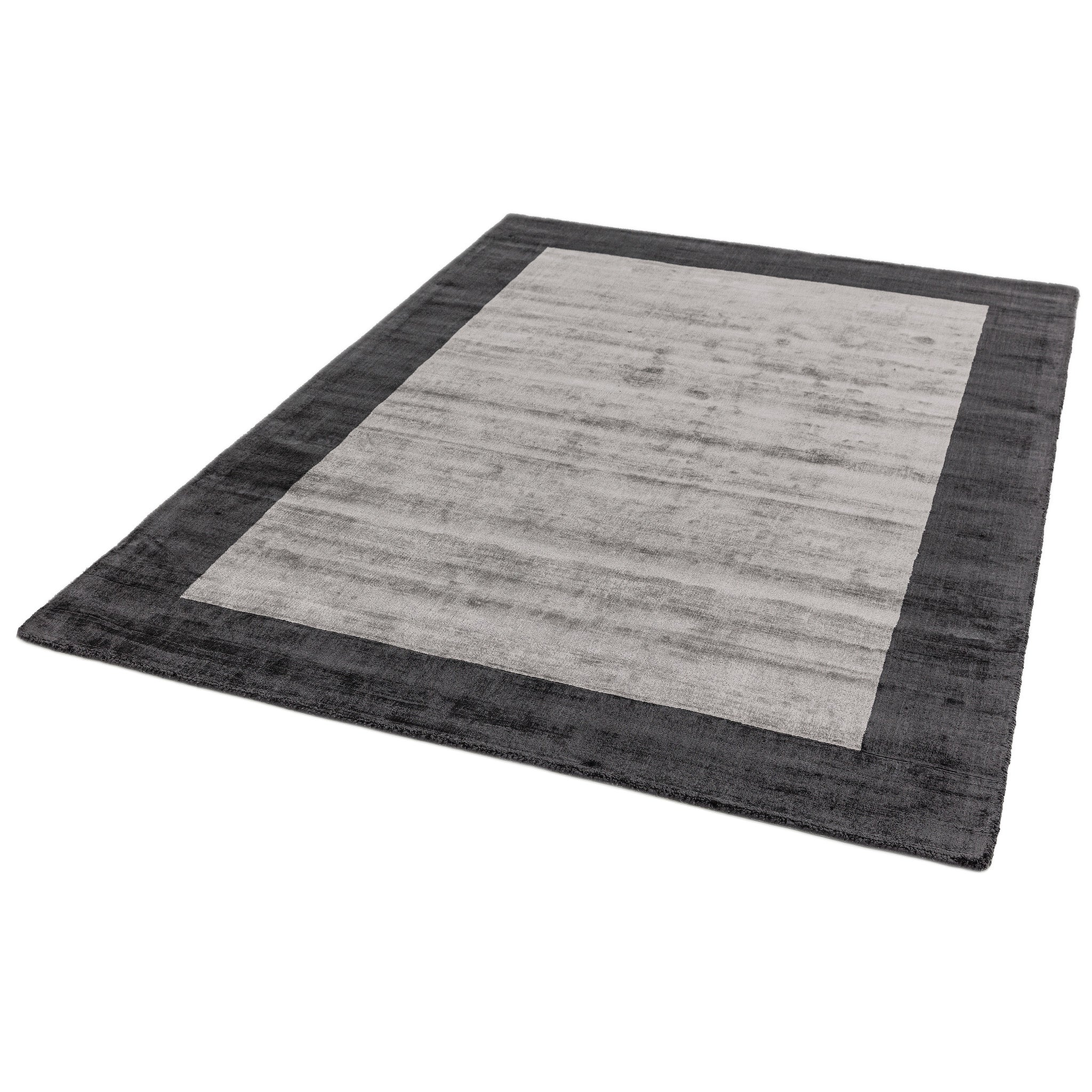 Hand Woven Viscose Rug with Border in Charcoal and Silver